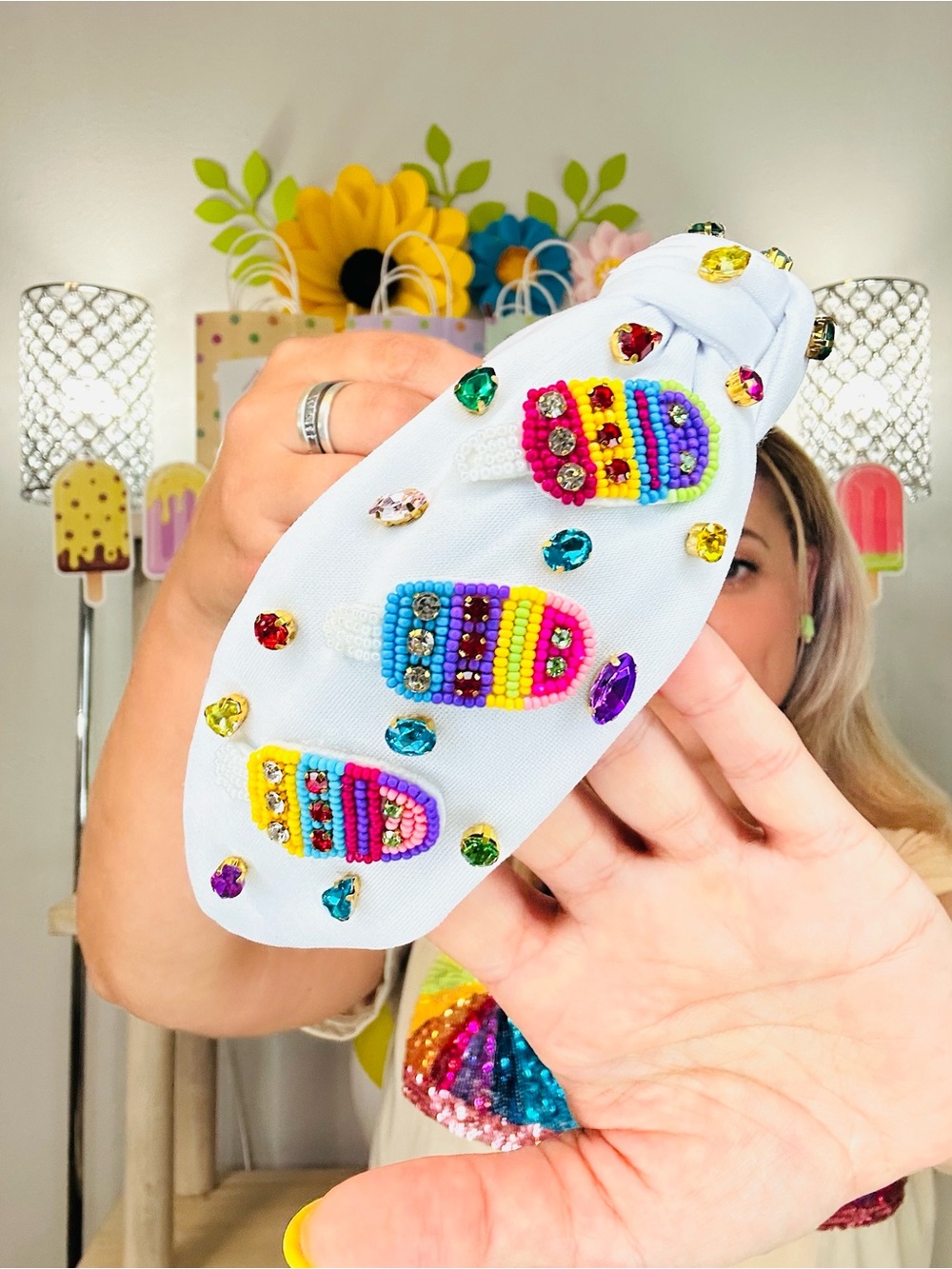 Beaded Popsicle Headband - White with Rainbow Beads